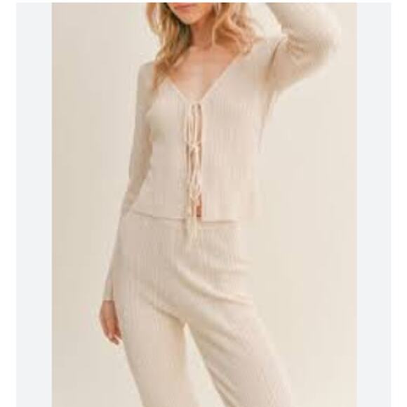Sage The Label Cream Valeria Tie Front Rib Cardi Sweater Size Large - Picture 2 of 8